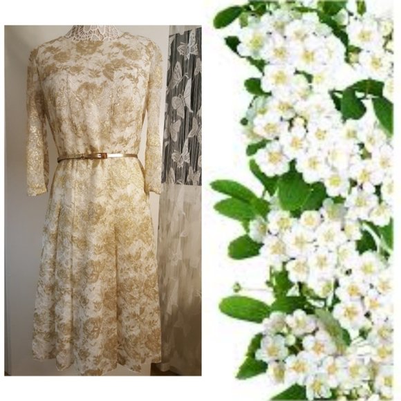 °$3,990 OSCAR DE LA RENTA GOLD FLORAL LACE MIDI RUNWAY DRESS US 0 S - Picture 4 of 9